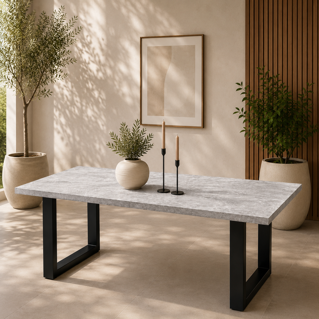 U-Gestell MDF Scratch-Resistant Concrete Grey Dining Table with Metal Legs